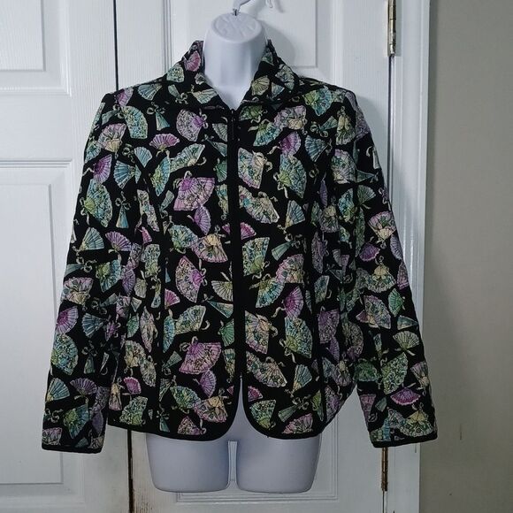 R.Q.T.  light weight Chinese folding fan print quilted jacket Sz S EUC - Picture 1 of 7